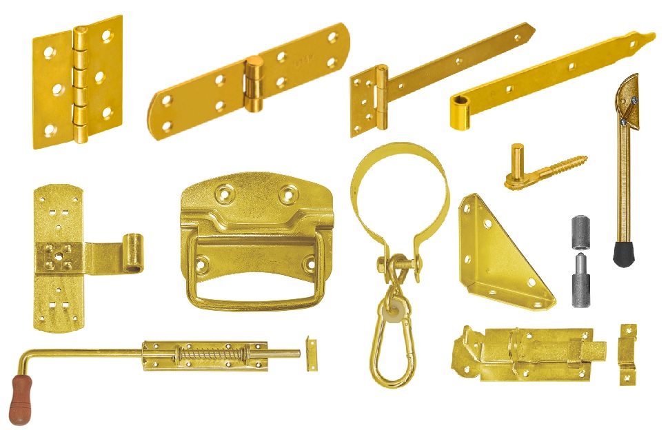 Závěsy, zástrče, držáky - žlutě pozinkované